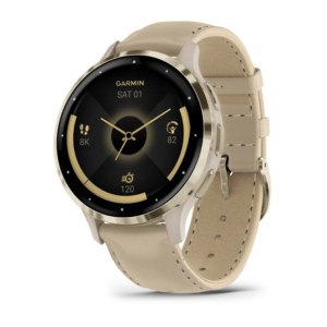 Garmin Venu 3S Soft Gold Stainless Steel Bezel With French Gray Case And Leather Band (Includes French Gray Silicone Band)